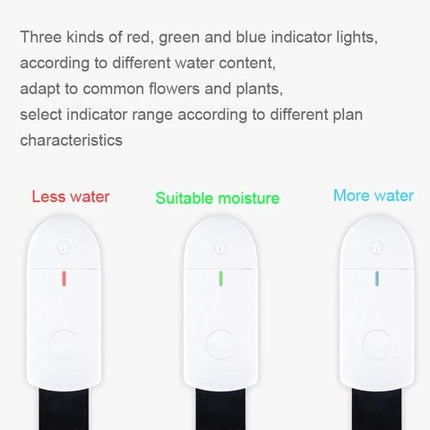 Easy-to-Use Soil Moisture Meter for Plants and Gardening Care showing red, green, blue indicator lights for less, suitable, and more water