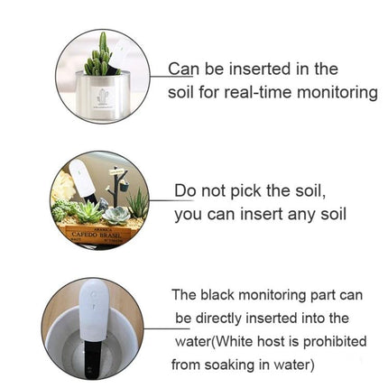 Easy-to-Use Soil Moisture Meter for Plants and Gardening Care showing probe inserted in pots for quick real-time moisture checks with three-color indicator