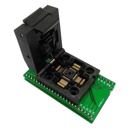 QFP48 Programming Socket for IC Chip Testing with 0.5mm Pitch – open black socket on green adapter for QFP48/PQFP48 chip programming