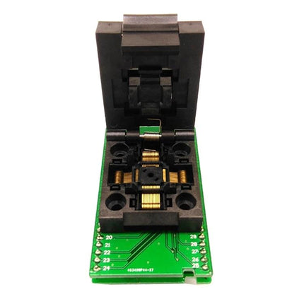 QFP48 Programming Socket for IC Chip Testing with 0.5mm Pitch – open socket on PCB showing gold spring contacts holding QFP48 chip
