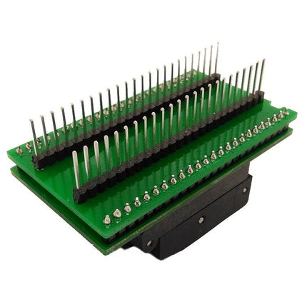 QFP48 Programming Socket for IC Chip Testing with 0.5mm Pitch — green adapter socket showing rows of pins for secure QFP48 chip connections