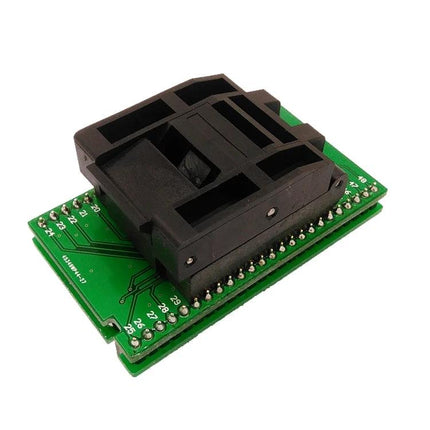 QFP48 Programming Socket for IC Chip Testing with 0.5mm Pitch on green adapter board holding QFP48/PQFP48 chip securely for prototyping and programming