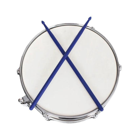 Colorful Drumsticks for Daily Music Practice at Home - blue nylon sticks with textured grip crossed on snare drum for reliable home practice