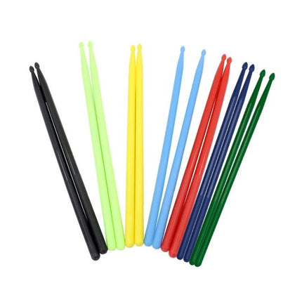 Alt Tag: Colorful Drumsticks for Daily Music Practice at Home - nylon practice sticks in black, green, yellow, blue, red for improved grip and steady warm-ups