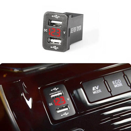 Toyota Car Charger With Dual USB Ports For In Vehicle Use compact dual-USB 12/24V charger with LED voltage display, black dashboard mount