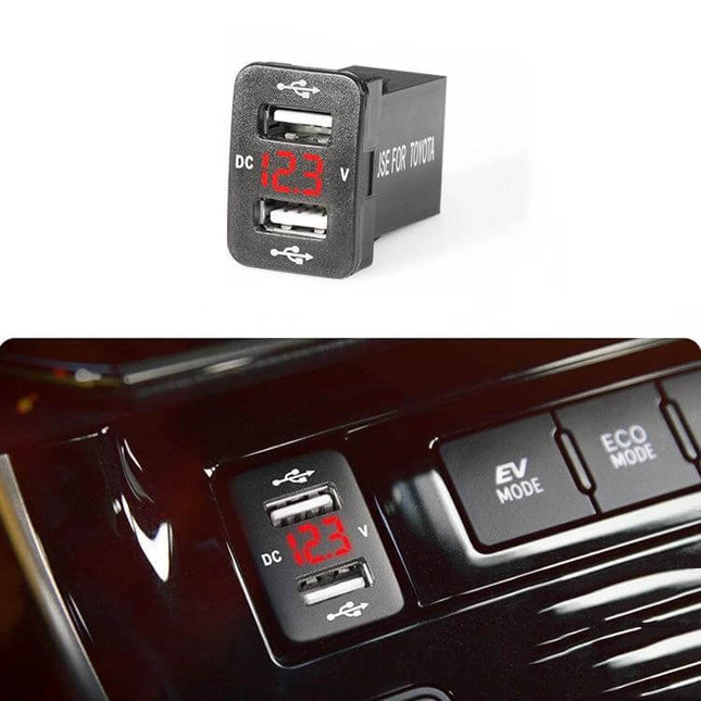 Toyota Car Charger With Dual USB Ports For In Vehicle Use compact dual-USB 12/24V charger with LED voltage display, black dashboard mount