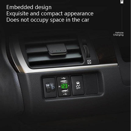 Toyota Car Charger With Dual USB Ports For In Vehicle Use compact embedded design shown installed in car dashboard vent area