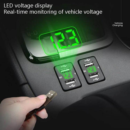 Toyota Car Charger With Dual USB Ports For In Vehicle Use showing dual USB ports and green LED voltage display in car console