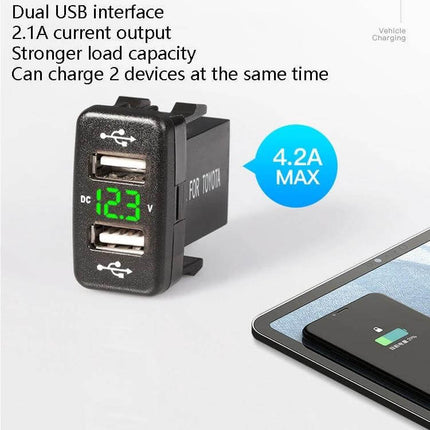 Toyota Car Charger With Dual USB Ports For In Vehicle Use - compact dual USB 5V 4.2A car charger with LED voltage display, fits Toyota dash