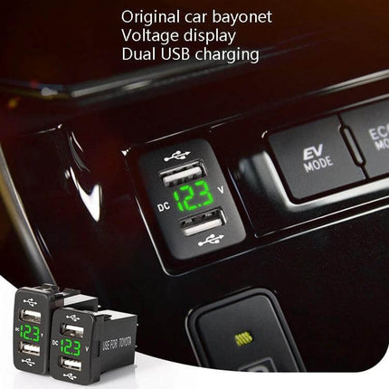 Toyota Car Charger With Dual USB Ports For In Vehicle Use - compact dual USB 5V 4.2A charger with voltage display fitted in Toyota car bayonet