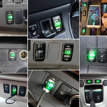 Toyota Car Charger With Dual USB Ports For In Vehicle Use - compact 4.2A green LED dual USB car charger installed in Toyota dash