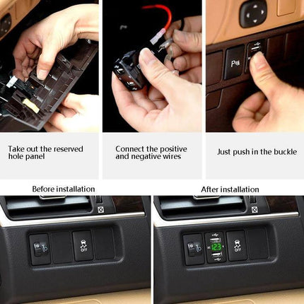 Toyota Car Charger With Dual USB Ports For In Vehicle Use compact dual-USB install showing wiring, panel removal and finished dashboard fit