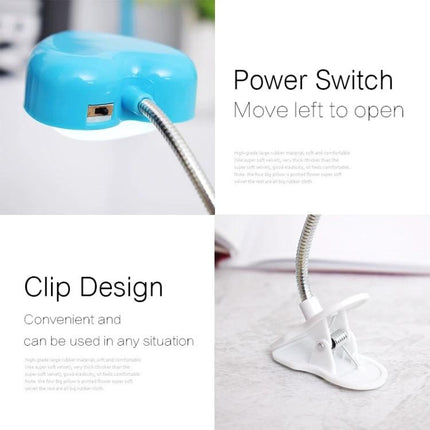 Heart-Shaped Clip Light for Evening Reading and Study - blue clip-on LED with flexible neck, power switch and sturdy clamp for bedside or desk reading
