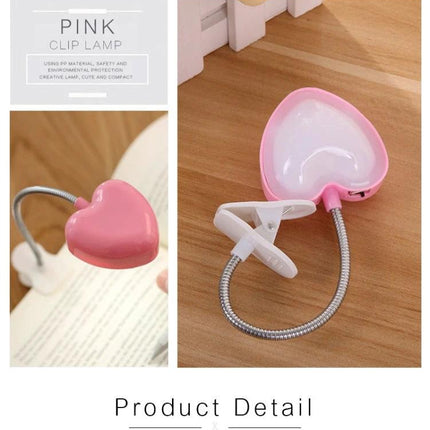 Heart-Shaped Clip Light for Evening Reading and Study - pink heart clip lamp with flexible neck and book clip for bedside reading
