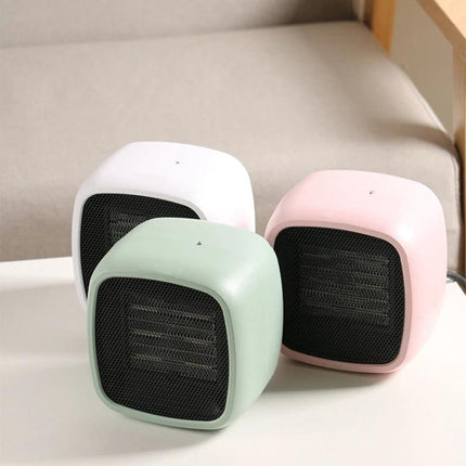 Compact Portable Electric Heater for Indoor Home Warming in pastel green, white and pink compact units with honeycomb mesh outlet
