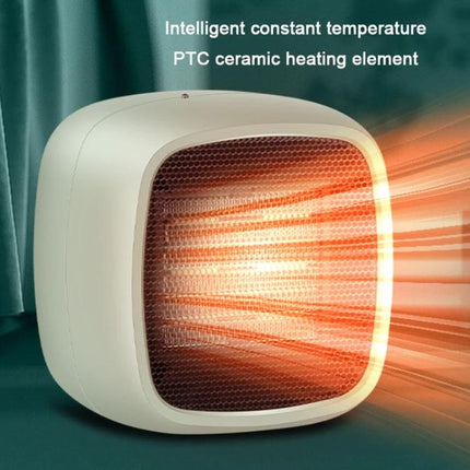 Compact Portable Electric Heater for Indoor Home Warming showing honeycomb mesh outlet and glowing PTC ceramic element emitting warm airflow