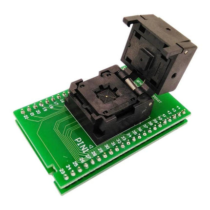 QFN44-0.5 Test Socket for Programming and Testing Integrated Circuits on green adapter board with open U-shaped thimble for chip programming