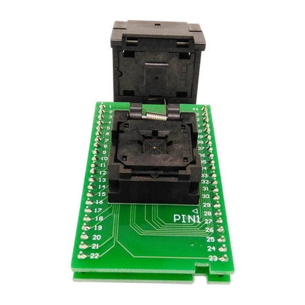 QFN44-0.5 Test Socket for Programming and Testing Integrated Circuits on green adapter board with open U-shaped thimble
