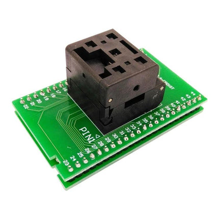 QFN44-0.5 Test Socket for Programming and Testing Integrated Circuits on green adapter board showing black ZIF socket for QFN44 chips