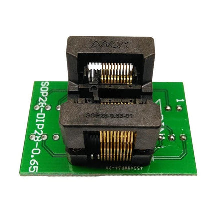 Gold-Plated Dual Contact Adapter Socket for IC Testing on green PCB test block with double contact gold pins for stable IC testing