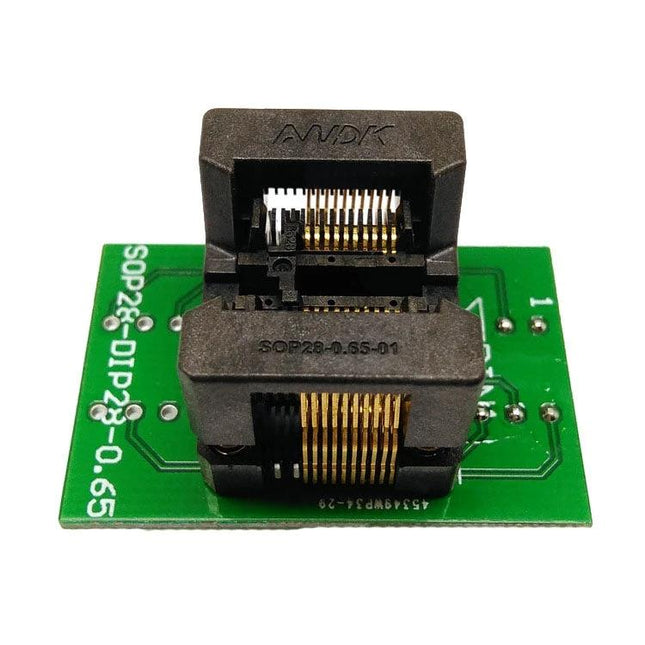 Gold-Plated Dual Contact Adapter Socket for IC Testing on green PCB test block with double contact gold pins for stable IC testing