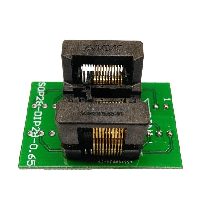 Gold-Plated Dual Contact Adapter Socket for IC Testing on green PCB test block with double contact gold pins for stable IC testing