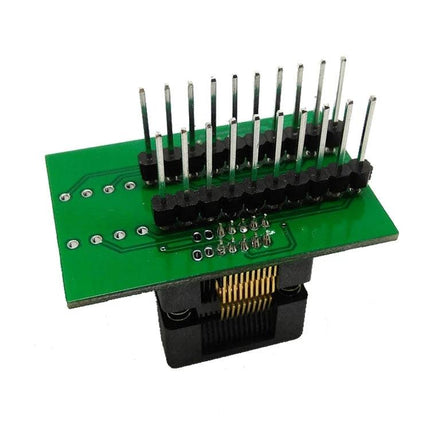 Gold-Plated Dual Contact Adapter Socket for IC Testing on PCB with pin headers showing gold contacts and dual-contact test block
