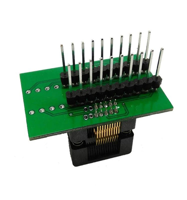 Gold-Plated Dual Contact Adapter Socket for IC Testing on PCB with pin headers showing gold contacts and dual-contact test block