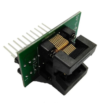 Gold-Plated Dual Contact Adapter Socket for IC Testing on green PCB showing dual gold contacts and pin header for reliable IC testing