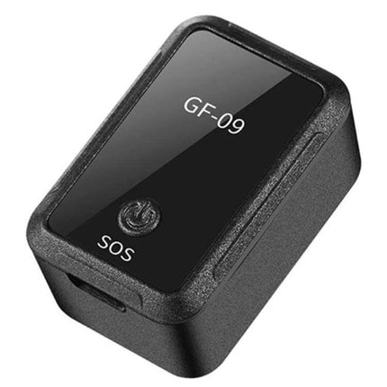 GF09 Portable GPS Tracker for Children and Pet Safety compact black GF-09 tracker with SOS button for backpacks and collars