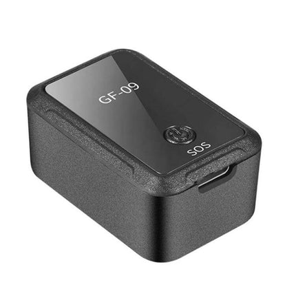 GF09 Portable GPS Tracker for Children and Pet Safety - compact black GPS tracker with SOS button for backpacks and pet collars