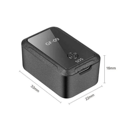 GF09 Portable GPS Tracker for Children and Pet Safety compact black tracker with SOS button and dimensions 33x22x16mm