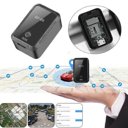 GF09 Portable GPS Tracker for Children and Pet Safety compact SOS device showing tracker, internal SIM slot and map tracking visuals