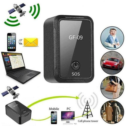 GF09 Portable GPS Tracker for Children and Pet Safety - compact GF-09 GPS tracker on a collar/backpack with mobile app and SOS button