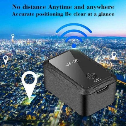 GF09 Portable GPS Tracker for Children and Pet Safety compact tracker on city map with location pins