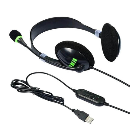 USB Headset With Microphone For Gaming And Meetings wired black headset with USB connector and inline volume controls