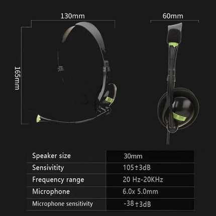 USB Headset With Microphone For Gaming And Meetings shown with dimensions, specs table, and adjustable boom mic