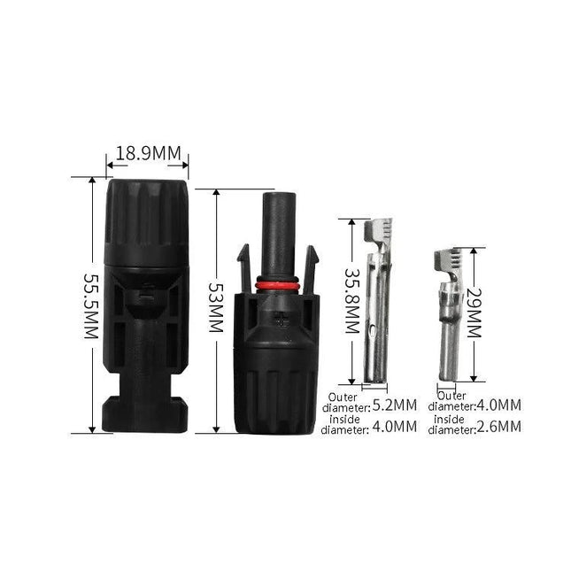 MC4 Branch Connectors for Solar Panel Branching Systems - waterproof IP67 male and female connectors with metal contacts and dimensions shown