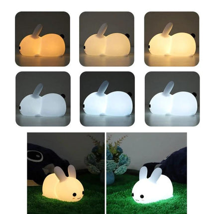 Soft Rabbit Night Light for Children's Bedtime Routines with soft silicone glow on nightstand, soothing companion for stories and sleep