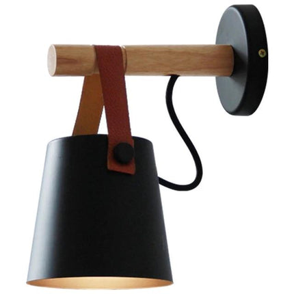 Wooden Wall Lamp for Everyday Bedroom Lighting Needs - Art Deco wood and iron wall sconce with leather strap for bedside reading