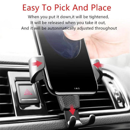 EMIUP Car Air Vent Gravity Phone Holder For Easy In Car Use showing smartphone gripped by gravity vent mount in car air vent