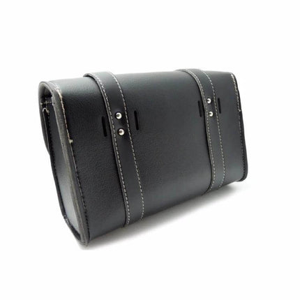 KEMiMOTO PU Leather Saddle Bags For Harley Sportster black compact saddle bag with white stitching and mounting straps