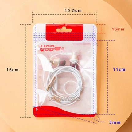 Plastic Sealing Bags for Data Cables, 10.5x15cm and 8x14cm Pack of 100 - clear self-sealing bag holding coiled white earphone cable and earbuds