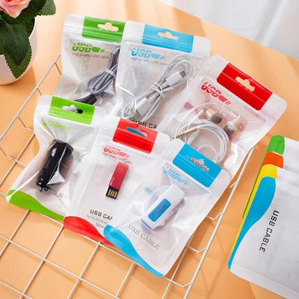 Plastic Sealing Bags for Data Cables, 10.5x15cm and 8x14cm Pack of 100 showing organized USB cables and adapters in clear self-sealing pouches