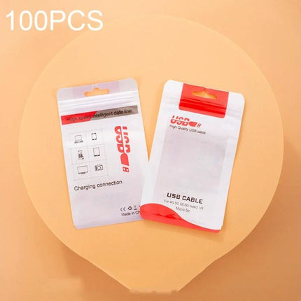 Plastic Sealing Bags for Data Cables, 10.5x15cm and 8x14cm Pack of 100 clear self-sealing plastic pouches shown with USB cable packaging