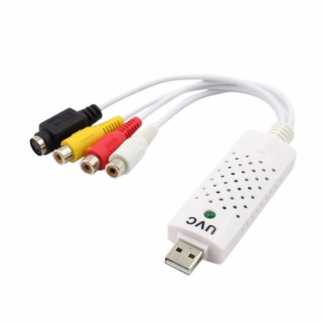 Portable USB Video Capture Adapter for Converting VHS to Digital - white USB capture device with S-Video and RCA composite cables