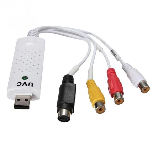 Portable USB Video Capture Adapter for Converting VHS to Digital with USB plug, S-Video and composite RCA cables for digitizing VCR and camcorder tapes