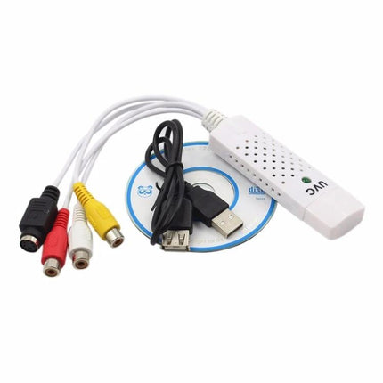 Portable USB Video Capture Adapter for Converting VHS to Digital white USB dongle with S-Video and RCA cables and driver CD