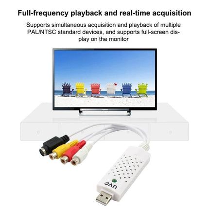 Portable USB Video Capture Adapter for Converting VHS to Digital showing USB dongle with S-Video and composite RCA cables connected to TV