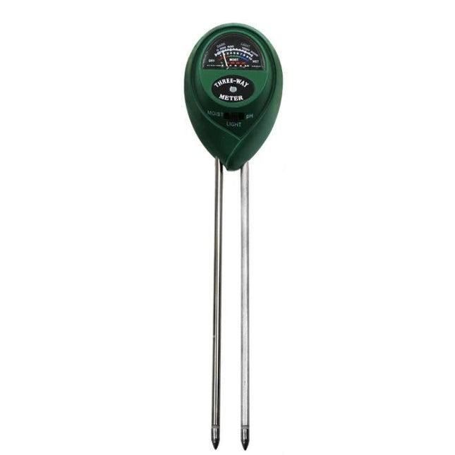 3-in-1 Soil Tester for Garden pH, Moisture, and Light Levels - green double-needle probe with analog meter for potted plants and garden beds